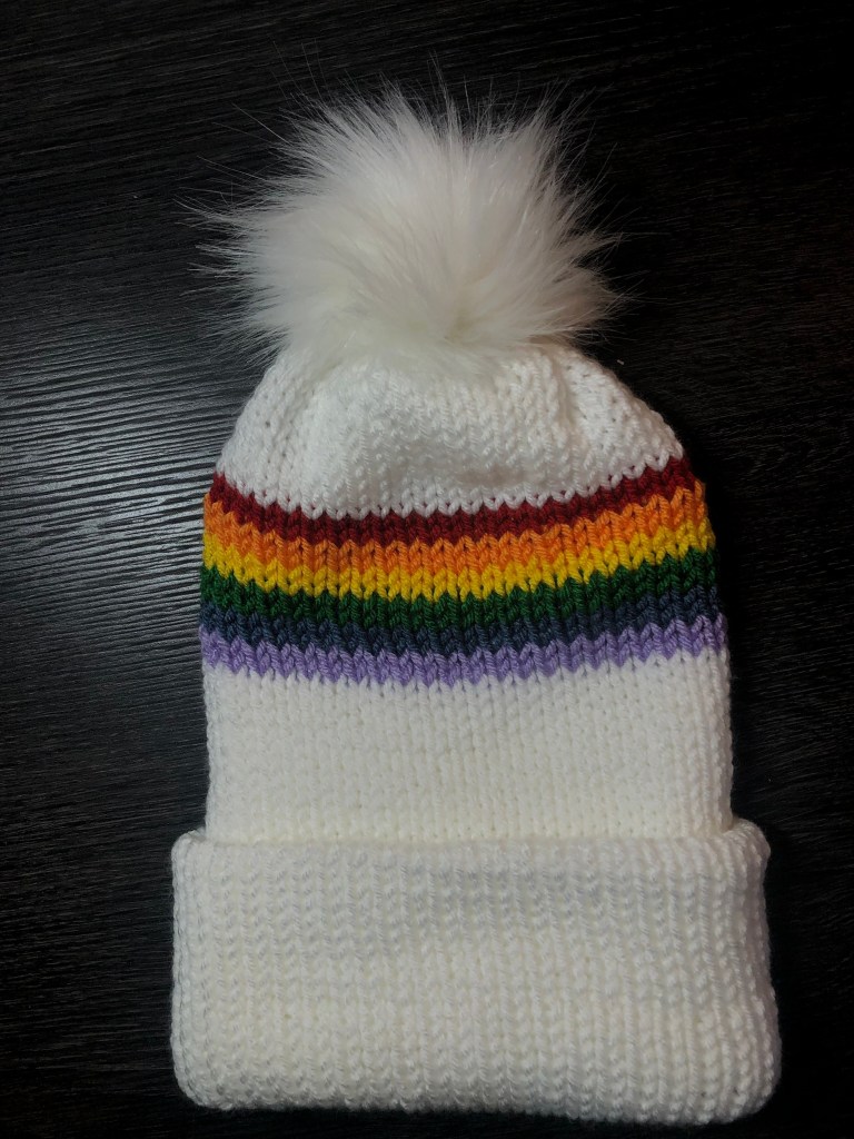 Handmade Toque/Hat - White with Rainbow Band