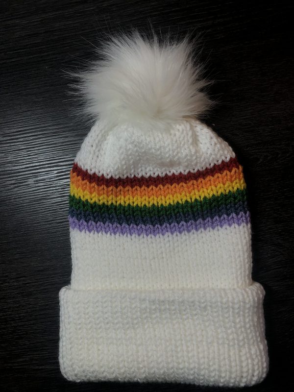 Handmade Toque/Hat - White with Rainbow Band