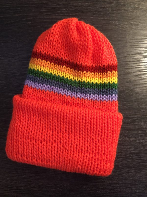 Handmade Toque/Hat - Blaze Orange with Rainbow Band